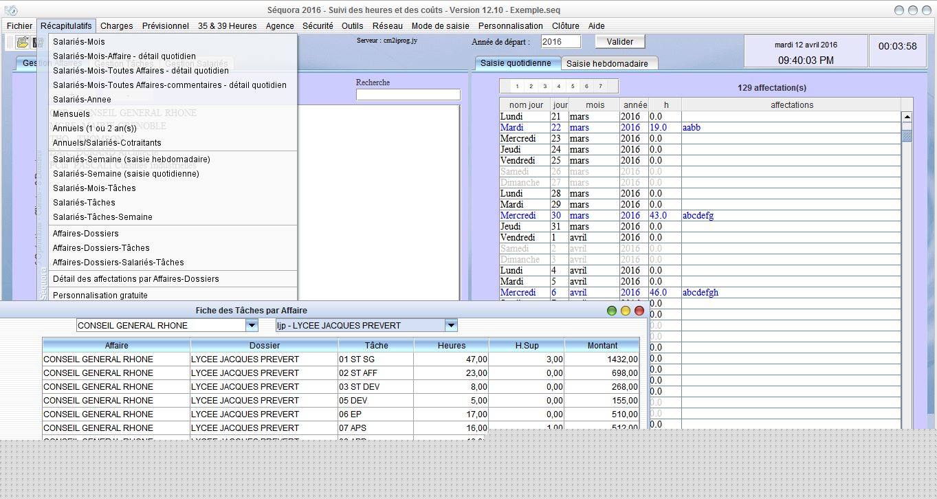 pointage des heures Séquora 12.10