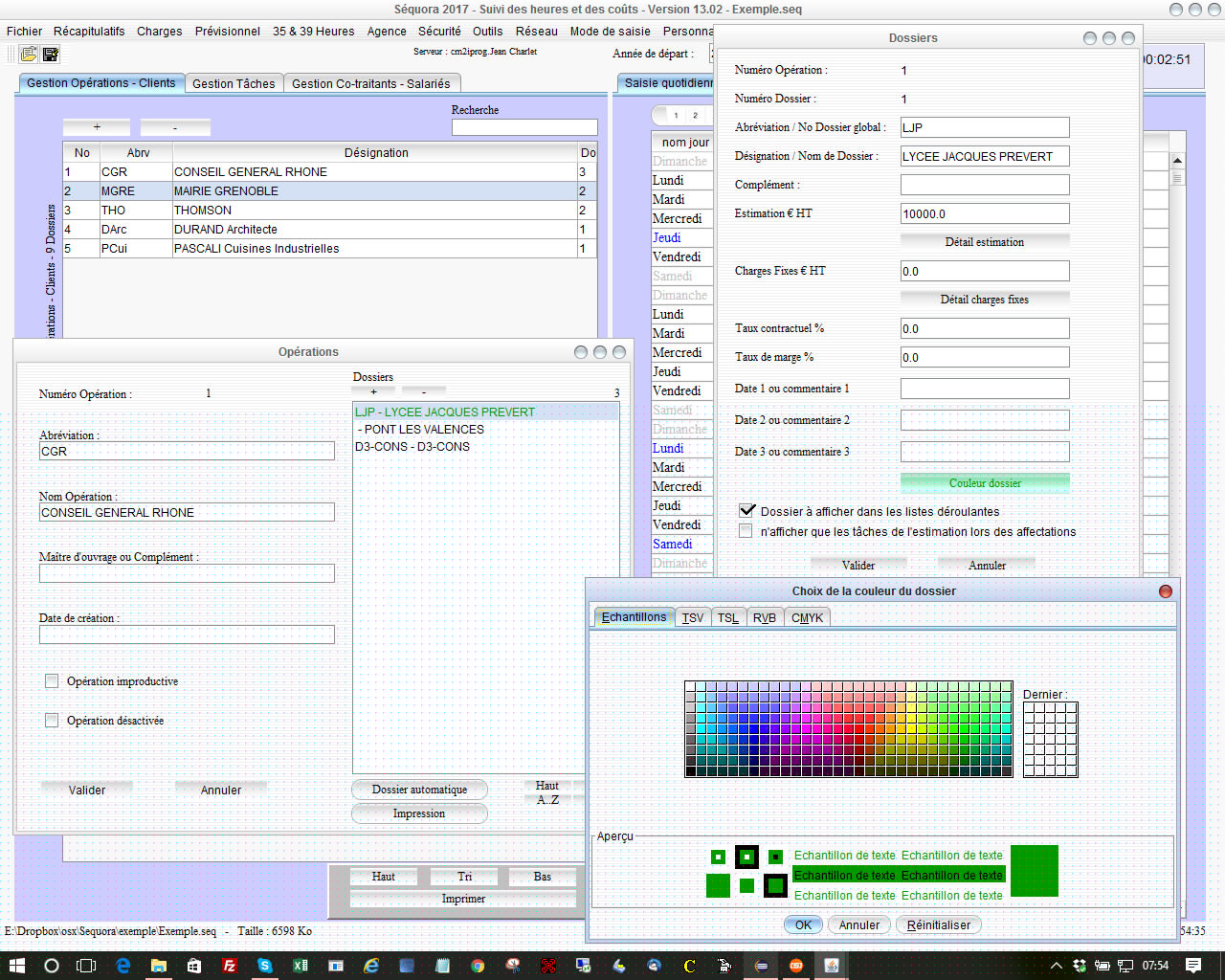 palette couleur gestion des temps et pointage des heures Séquora 13.02