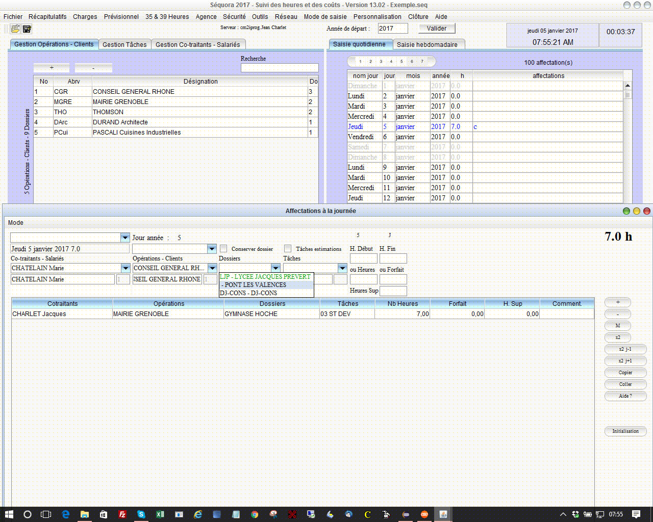affectation des heures gestion des temps et pointage des heures Séquora 13.02