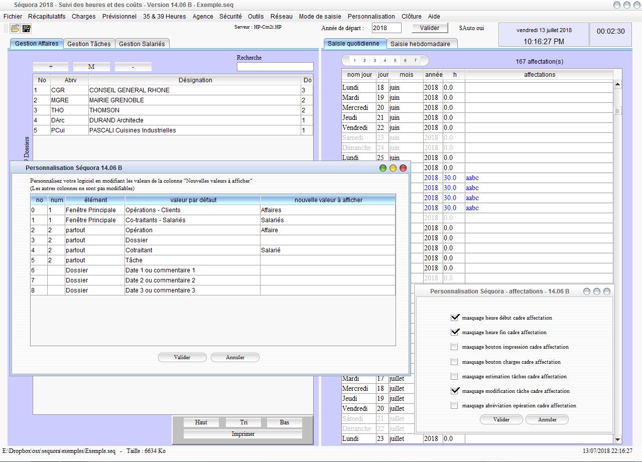 Personnalisation du logiciel de gestion des temps passés et de suivi des heures Séquora mac et pc